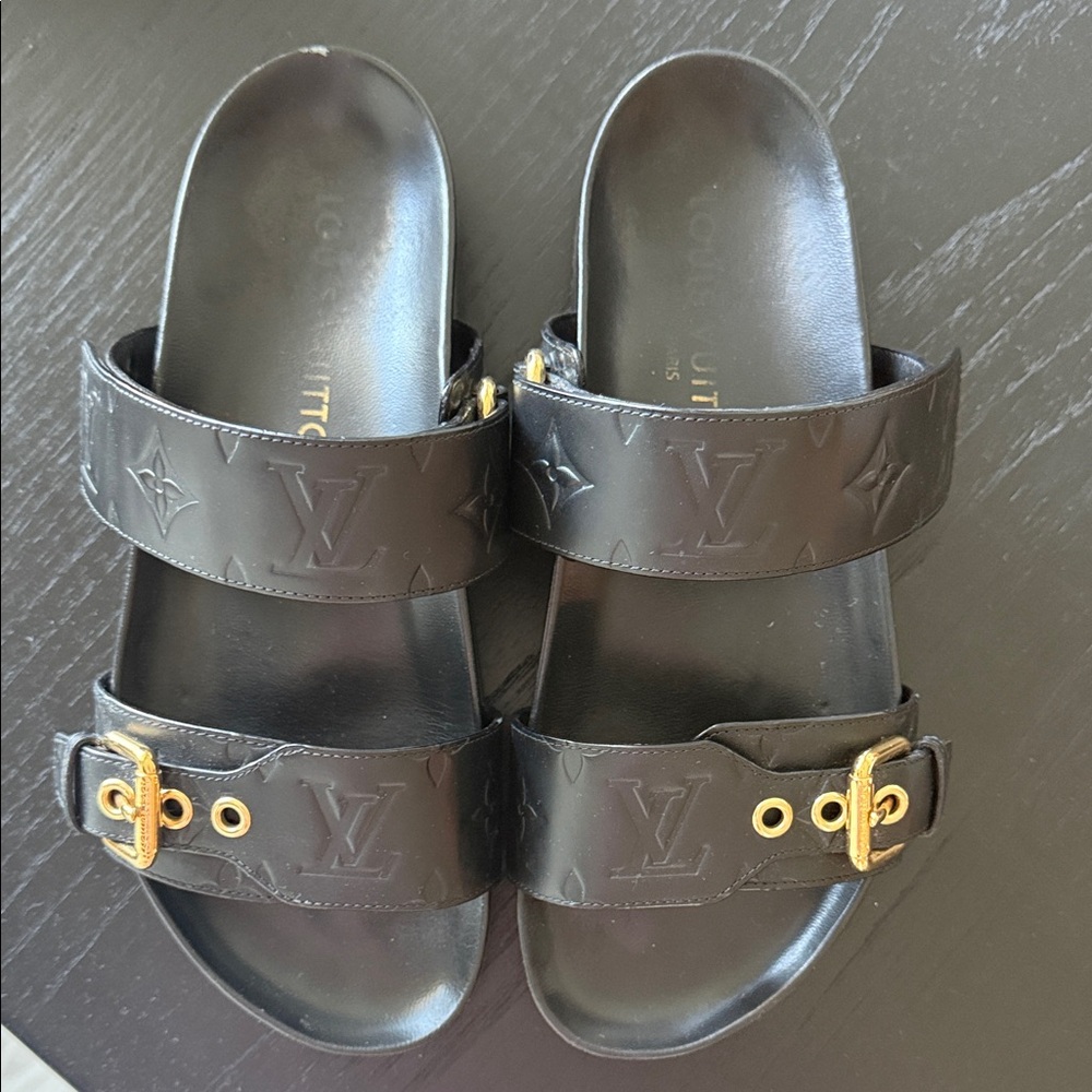 Louis Vuitton Black Sandals with Gold Buckle - Picture 2 of 2